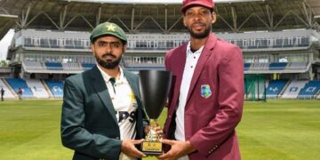 Babar Azam and Roston Chase unveil the Pakistan-West Indies Test series trophy in Trinidad.