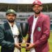 Babar Azam and Roston Chase unveil the Pakistan-West Indies Test series trophy in Trinidad.