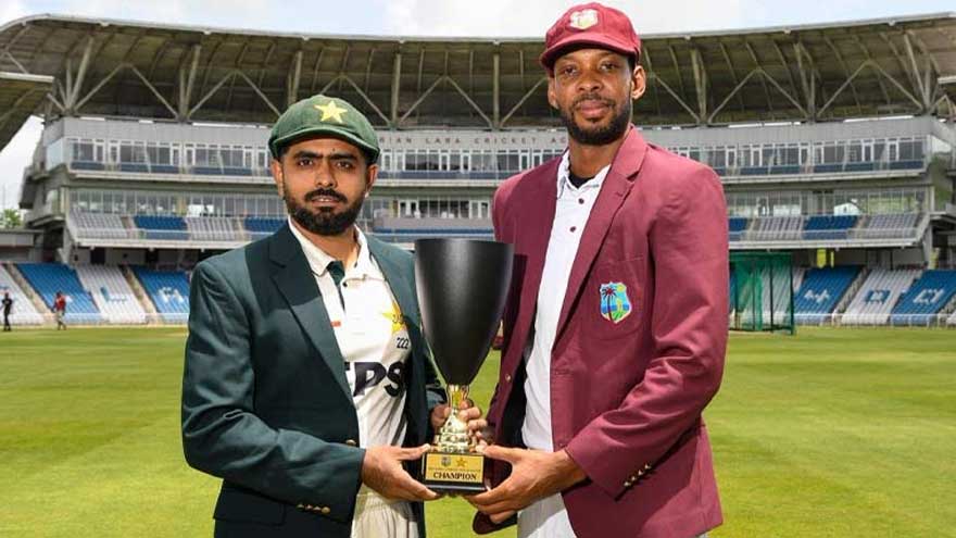 Babar Azam and Roston Chase unveil the Pakistan-West Indies Test series trophy in Trinidad.
