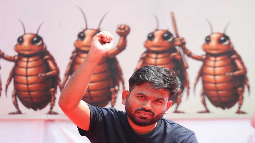 Abhijeet Dipke addresses student protesters during a demonstration in New Delhi.