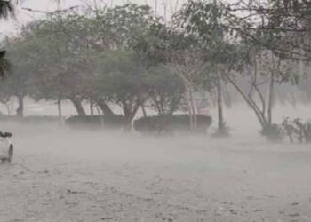Flooded street in Lahore after overnight monsoon rainfall.