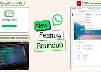 WhatsApp displayed on an iPad with new features, including direct account registration, PDF tools and music sharing.
