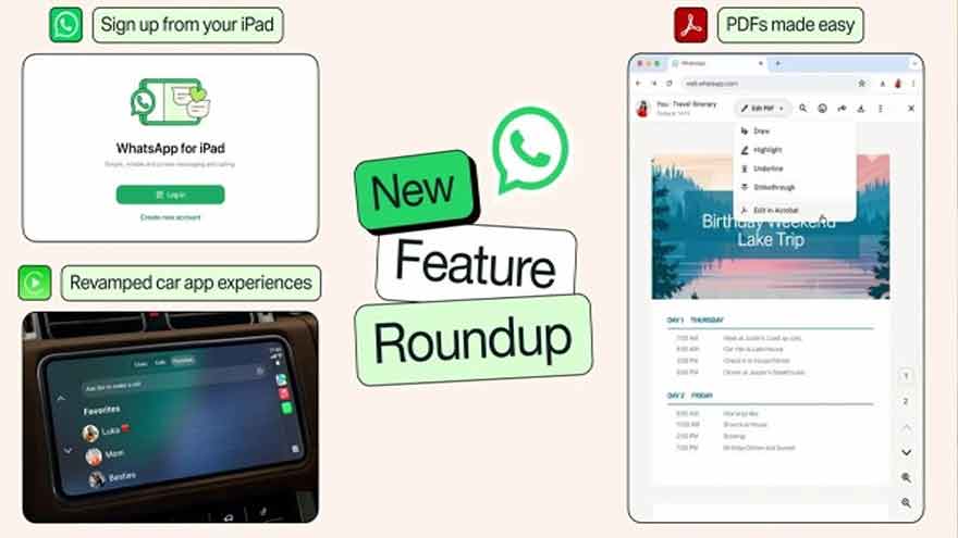WhatsApp displayed on an iPad with new features, including direct account registration, PDF tools and music sharing.