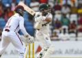 Pakistan batter Shan Masood plays a shot during the first Test against the West Indies at the Brian Lara Cricket Academy.