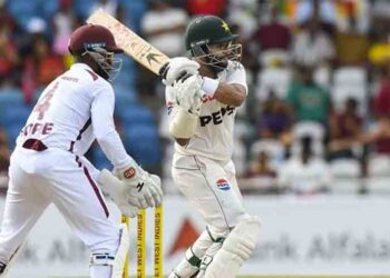 Pakistan batter Shan Masood plays a shot during the first Test against the West Indies at the Brian Lara Cricket Academy.