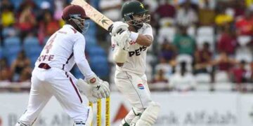 Pakistan batter Shan Masood plays a shot during the first Test against the West Indies at the Brian Lara Cricket Academy.