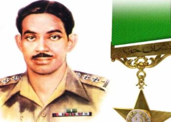 Portrait of Captain Muhammad Sarwar Shaheed, Pakistan's first Nishan-e-Haider recipient, commemorated on his 78th martyrdom anniversary.