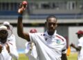 West Indies all-rounder Justin Greaves celebrates after taking a wicket during the first Test against Pakistan in Tarouba.