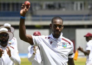 West Indies all-rounder Justin Greaves celebrates after taking a wicket during the first Test against Pakistan in Tarouba.