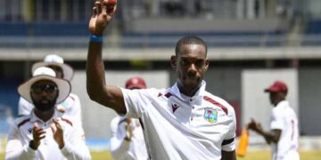 West Indies all-rounder Justin Greaves celebrates after taking a wicket during the first Test against Pakistan in Tarouba.