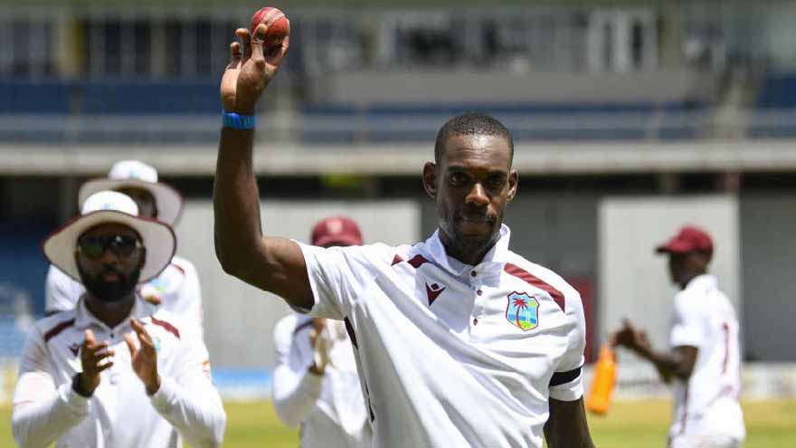 West Indies all-rounder Justin Greaves celebrates after taking a wicket during the first Test against Pakistan in Tarouba.