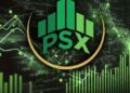 Electronic trading board displaying gains in the Pakistan Stock Exchange KSE-100 Index during Tuesday's trading session.