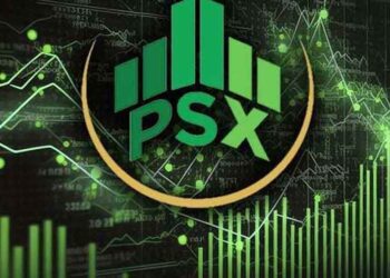 Electronic trading board displaying gains in the Pakistan Stock Exchange KSE-100 Index during Tuesday's trading session.