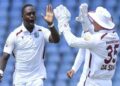 West Indies players celebrate a wicket during the first Test against Pakistan in Trinidad after securing a 90-run victory.