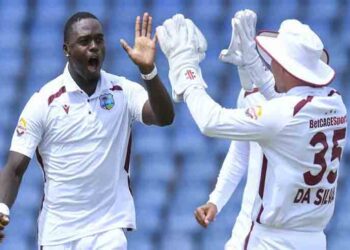 West Indies players celebrate a wicket during the first Test against Pakistan in Trinidad after securing a 90-run victory.