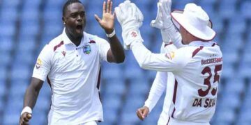 West Indies players celebrate a wicket during the first Test against Pakistan in Trinidad after securing a 90-run victory.