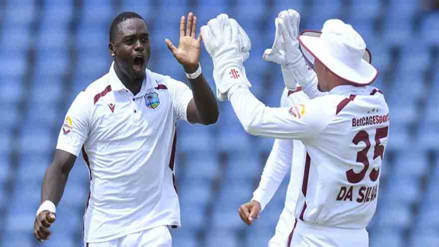 West Indies players celebrate a wicket during the first Test against Pakistan in Trinidad after securing a 90-run victory.