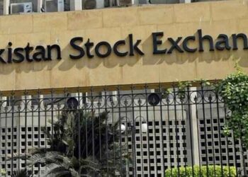 Electronic trading board at the Pakistan Stock Exchange showing the KSE-100 Index falling during Wednesday's trading session.