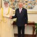 Pakistan Deputy Prime Minister Ishaq Dar shakes hands with Kuwaiti Foreign Minister Sheikh Jarrah Jaber Al-Ahmad Al-Sabah during talks in Islamabad.