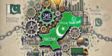 Finance Minister Muhammad Aurangzeb speaking at the Pakistan Banking Summit 2026 while announcing the SME Finance Task Force.