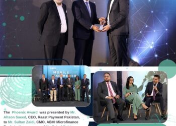 Representatives of ABHI Microfinance Bank receive the Phoenix Award during the Mobile Commerce 2026 event in Pakistan.