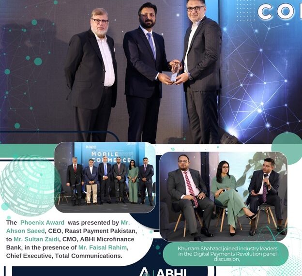 Representatives of ABHI Microfinance Bank receive the Phoenix Award during the Mobile Commerce 2026 event in Pakistan.
