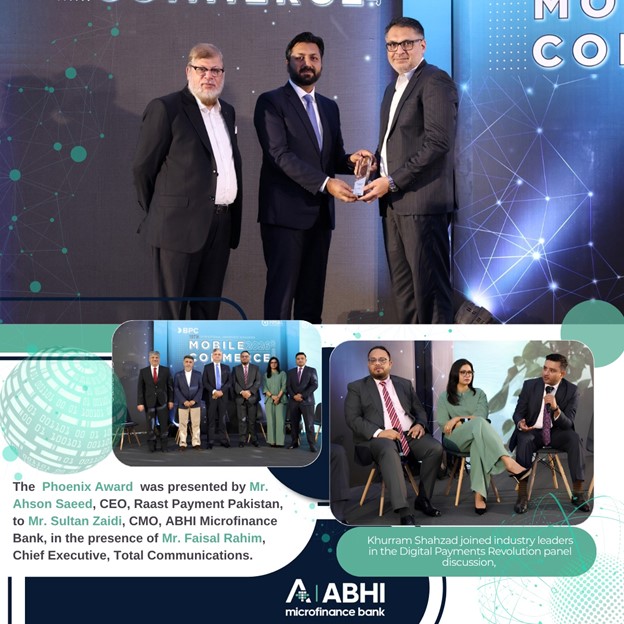 Representatives of ABHI Microfinance Bank receive the Phoenix Award during the Mobile Commerce 2026 event in Pakistan.