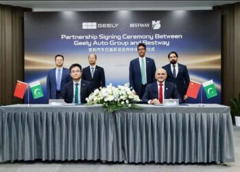 Representatives of Bestway Group and Geely Auto Group at the signing ceremony for their automotive partnership to launch Geely vehicles in Pakistan.