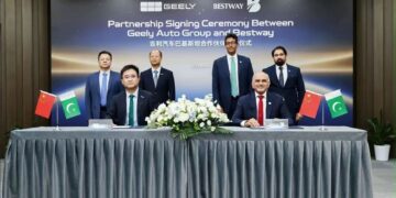 Representatives of Bestway Group and Geely Auto Group at the signing ceremony for their automotive partnership to launch Geely vehicles in Pakistan.