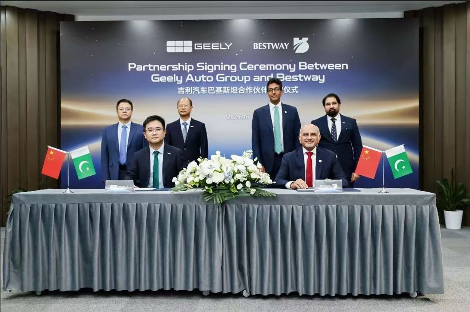 Representatives of Bestway Group and Geely Auto Group at the signing ceremony for their automotive partnership to launch Geely vehicles in Pakistan.