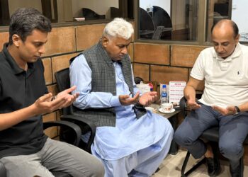 Pakistan Conservative Party Chairman Danish Channa meets PPP leader Raza Haroon during a meeting in Karachi.