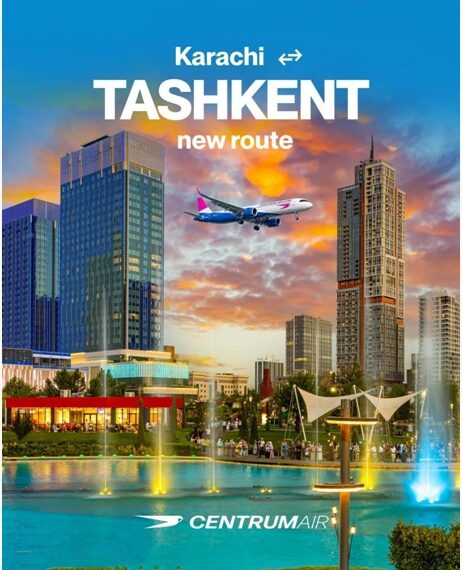 Centrum Air aircraft representing the new direct Karachi to Tashkent flight service between Pakistan and Uzbekistan.