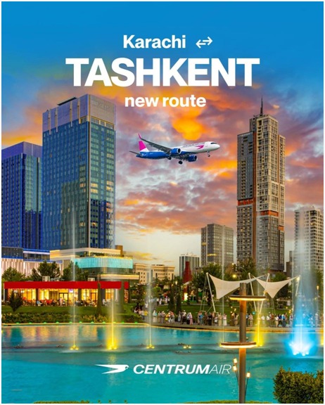 Centrum Air aircraft representing the new direct Karachi to Tashkent flight service between Pakistan and Uzbekistan.