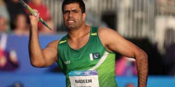 Pakistan's Arshad Nadeem during the men's javelin throw final at the Commonwealth Games in Glasgow