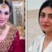 Pakistani actress Sarah Khan wearing a traditional red bridal outfit during a salon photoshoot.