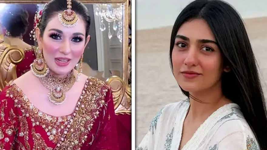 Pakistani actress Sarah Khan wearing a traditional red bridal outfit during a salon photoshoot.
