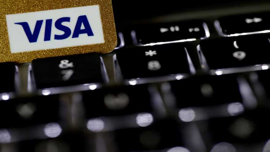 Visa logo alongside cybersecurity graphics representing its acquisition of fraud intelligence company BioCatch.