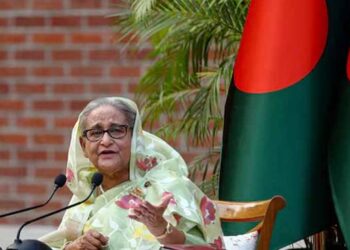 Former Bangladesh Prime Minister Sheikh Hasina during a public appearance amid renewed diplomatic tensions with India.