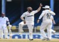 Pakistan's Abdullah Shafique celebrates his unbeaten century during the second Test against the West Indies in Trinidad.