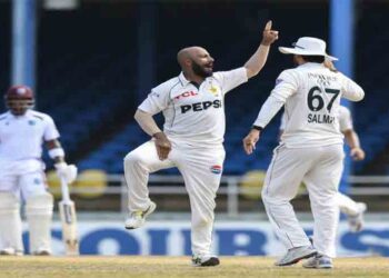 Pakistan's Abdullah Shafique celebrates his unbeaten century during the second Test against the West Indies in Trinidad.