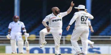 Pakistan's Abdullah Shafique celebrates his unbeaten century during the second Test against the West Indies in Trinidad.