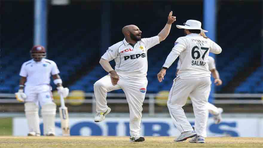 Pakistan's Abdullah Shafique celebrates his unbeaten century during the second Test against the West Indies in Trinidad.