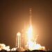 A SpaceX Falcon 9 rocket in flight before its second stage's expected impact on the Moon.