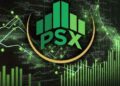 Electronic trading board at the Pakistan Stock Exchange showing the KSE-100 Index above 181,000 points.