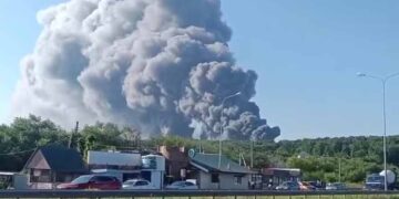 Damaged Wildberries warehouse following a drone attack in Russia.