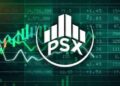 Pakistan Stock Exchange building and KSE-100 index showing weekly market gains.