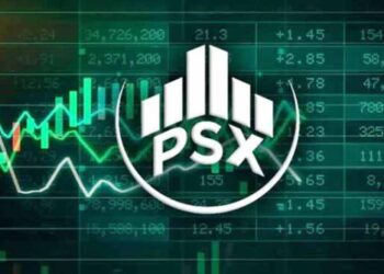 Pakistan Stock Exchange building and KSE-100 index showing weekly market gains.