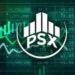 Pakistan Stock Exchange building and KSE-100 index showing weekly market gains.