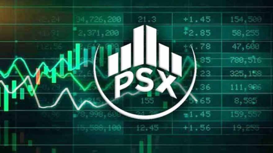 Pakistan Stock Exchange building and KSE-100 index showing weekly market gains.