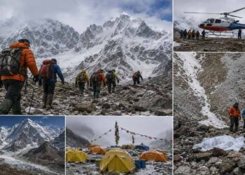 Rescue workers searching for missing climbers on Yalung Ri mountain in Nepal.